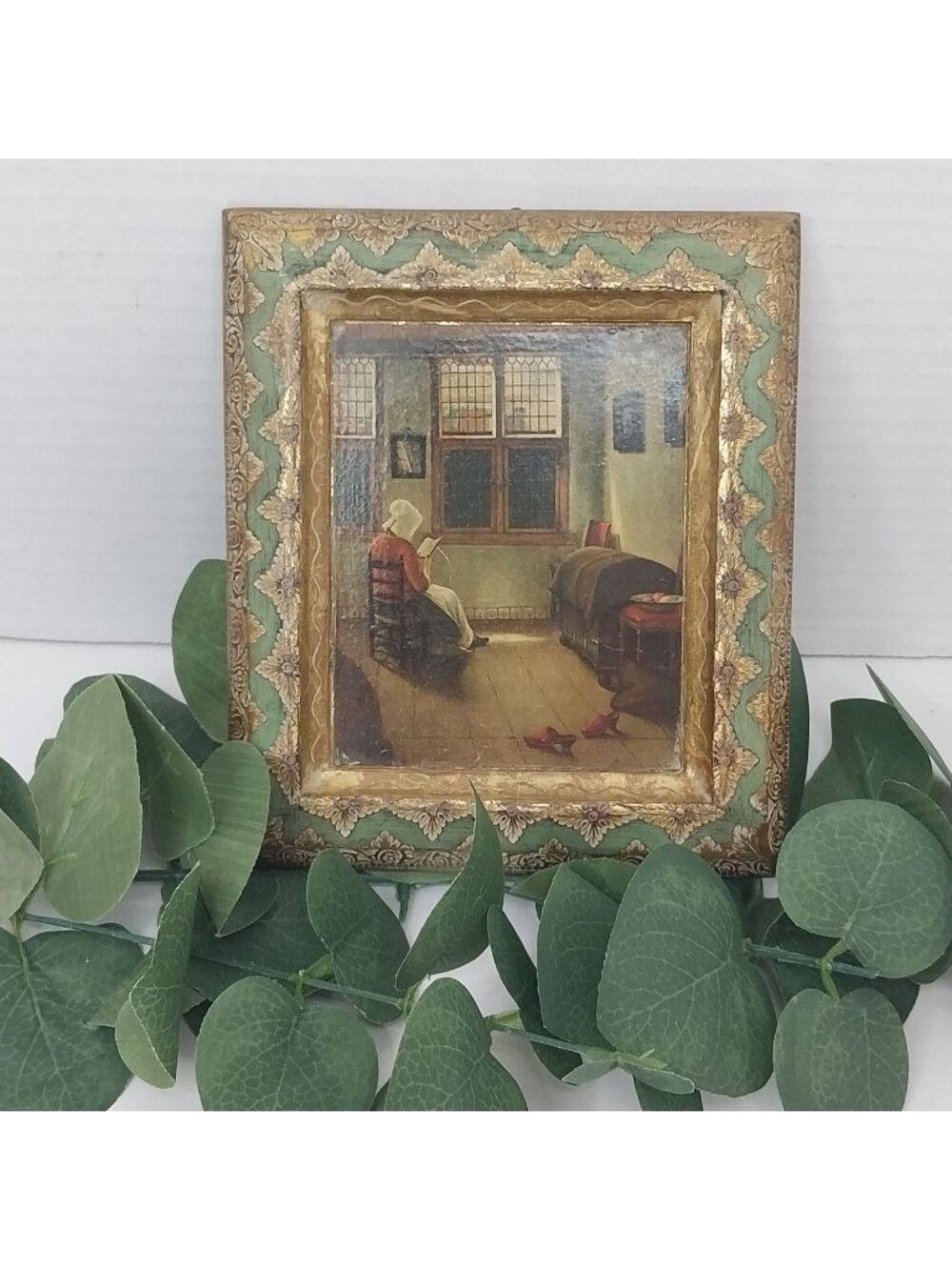 Vintage Florentine Framed Print "A Woman Reading" by Elinga Ornate Gold 6" x 5"